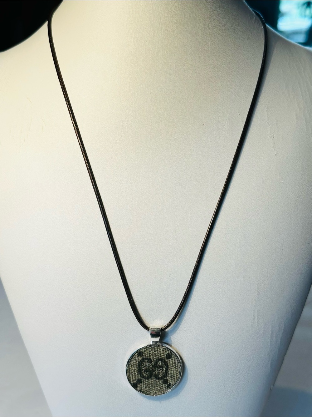 Upcycled Designer Monogram Canvas Pendant Necklace Brown Cord
